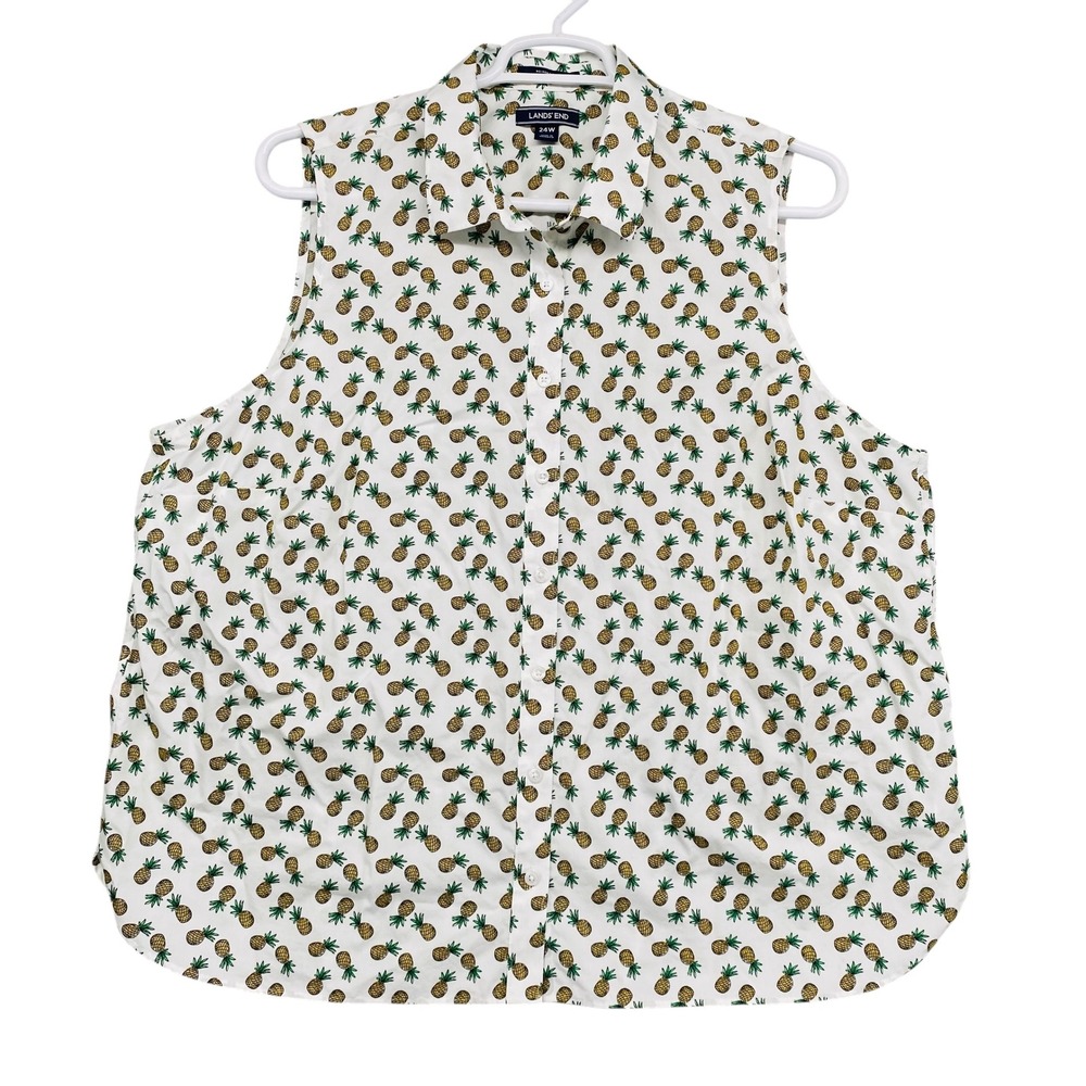 Lands' End Pineapple Print Sleeveless Button Down Top‎ Blouse 24W womens
